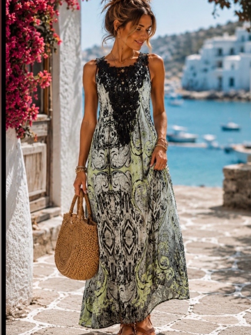 Dex Boho Printed Maxi Dress Black Embroidered Lace Bodice XS